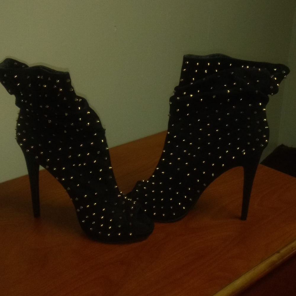 Black High Heel Booties With Gold Studs